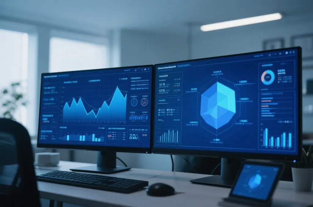 A professional workspace with a dual-monitor setup showing real-time data flows, clean geometric charts, and a glowing blue interface